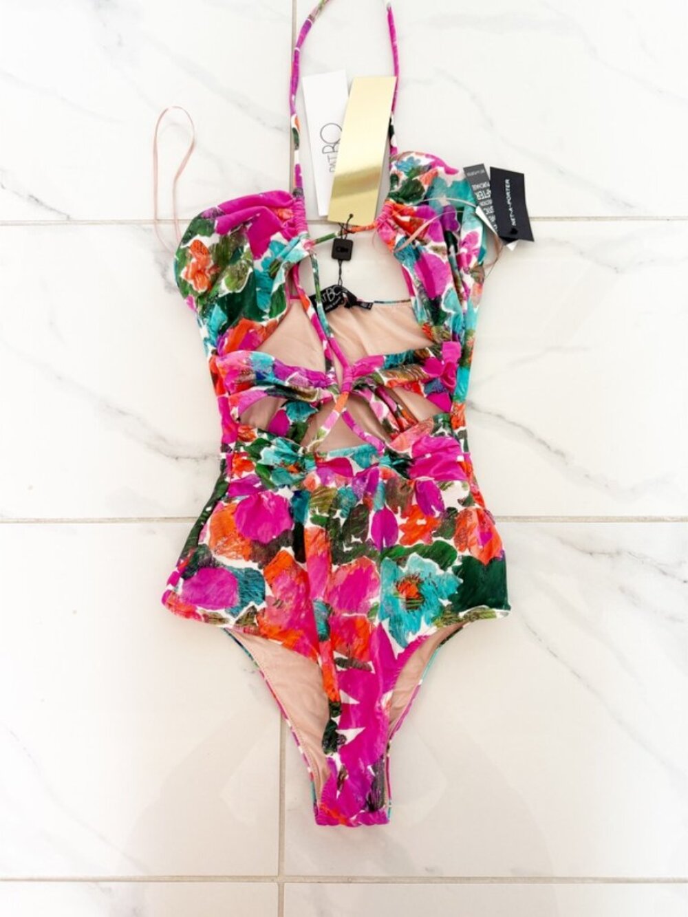 PatBO Gabi Laceup 1-Pc Cutout Floral halter beachcore resort wear swimsuit NEW - Picture 3 of 10